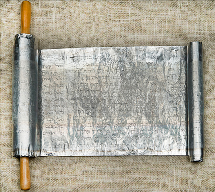 Job Scroll, 12”x25”, aluminum foil, wood